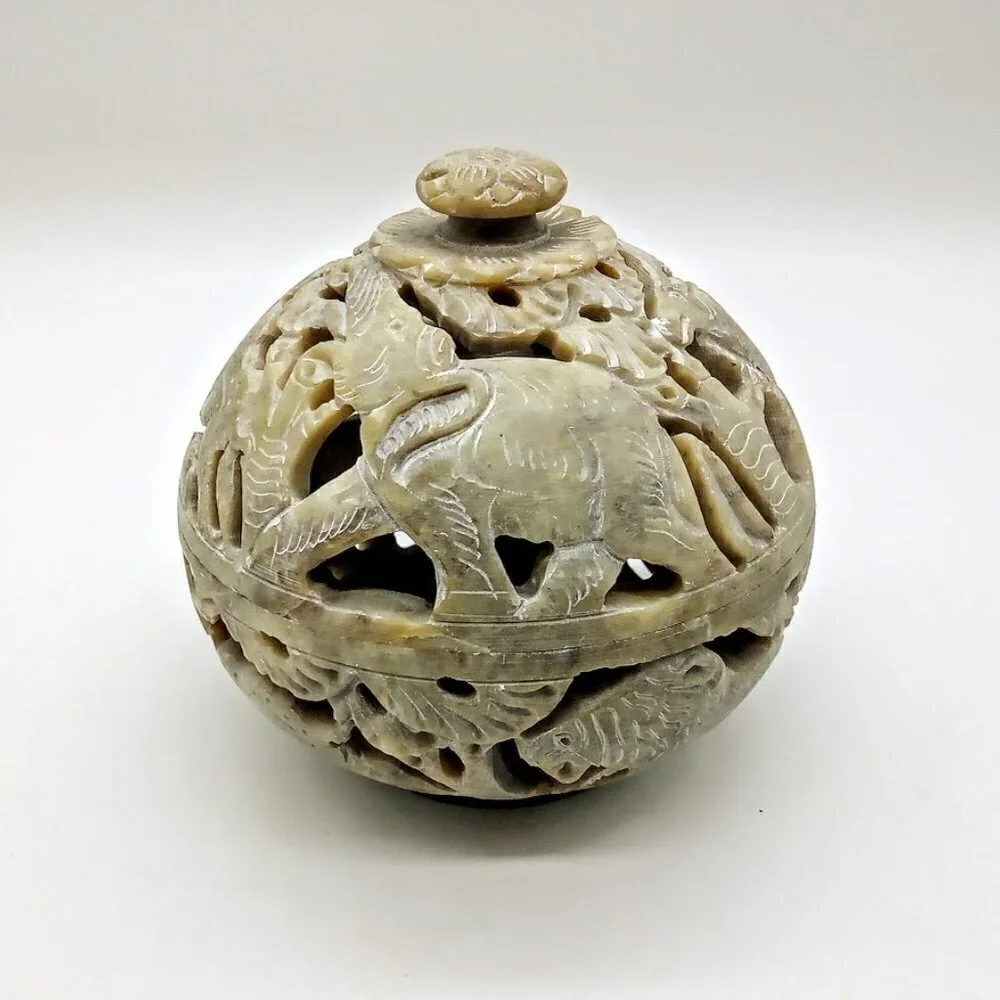 Carved Taupe Soapstone Round Candle Incense Holder